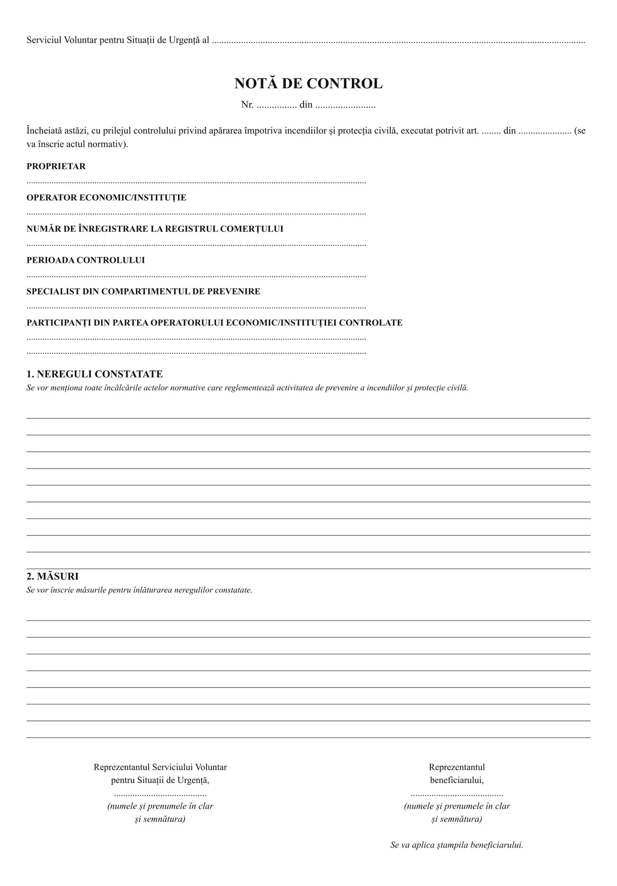 Notă de control (serviciul voluntar sau privat pentru situații de urgență)
