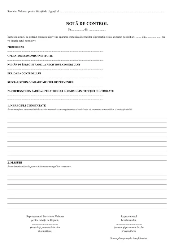 Notă de control (serviciul voluntar sau privat pentru situații de urgență) - față
