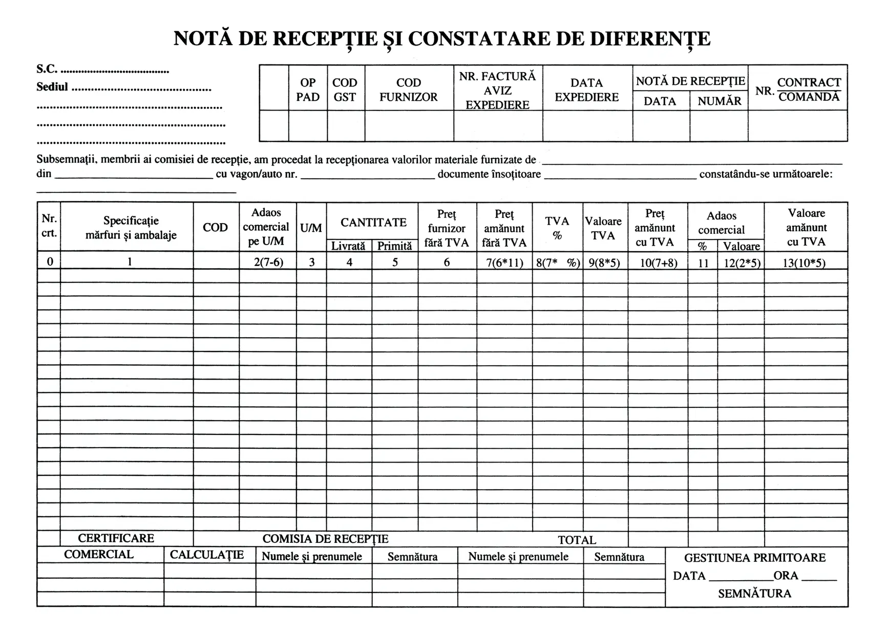 Notă de recepție și constatare diferențe (NIR)