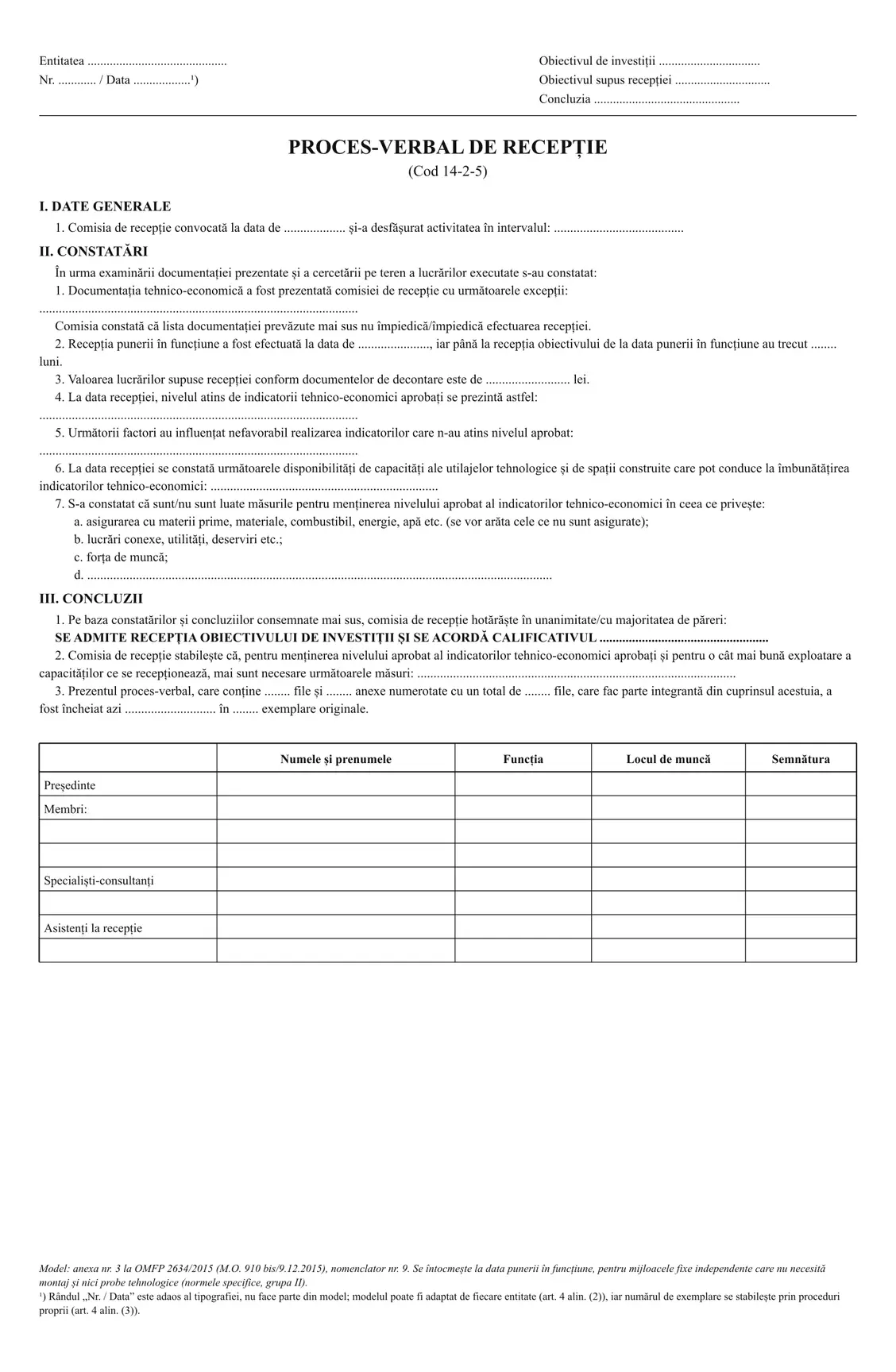 Proces-verbal de recepție a mijloacelor fixe (cod 14-2-5)