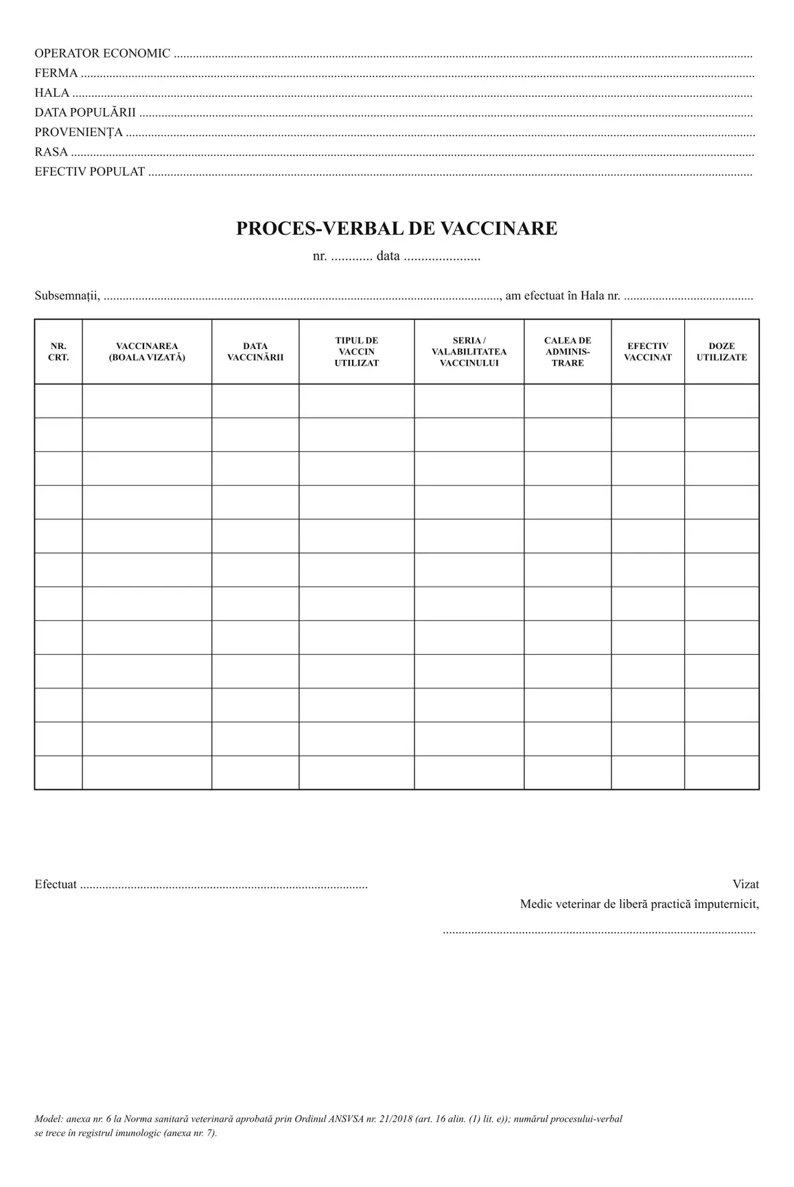 Proces-verbal de vaccinare (ferme de păsări)