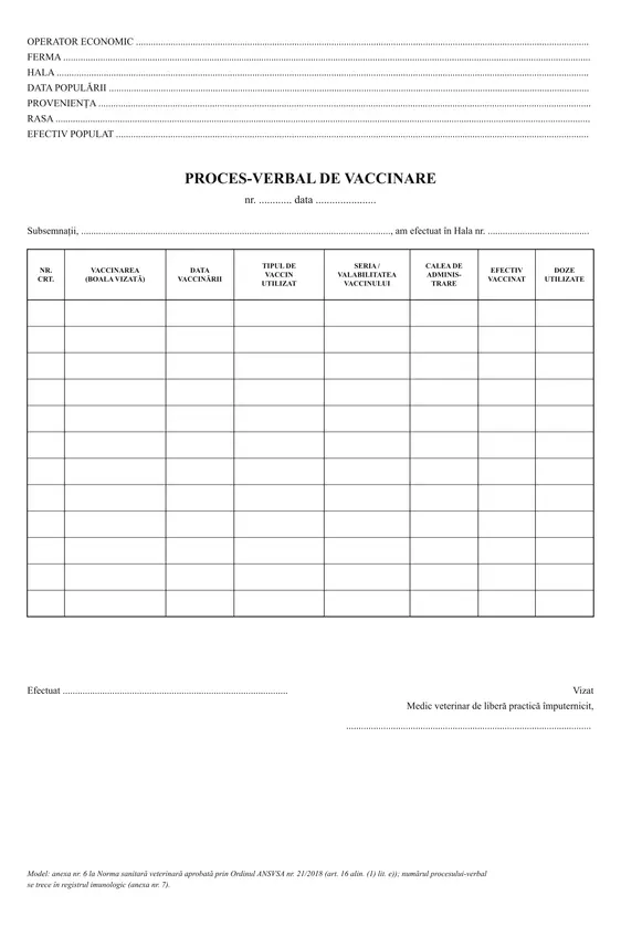 Proces-verbal de vaccinare (ferme de păsări)