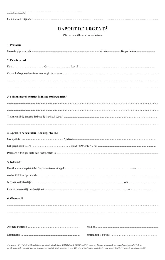 Raport de urgență (cabinet medical școlar) - față