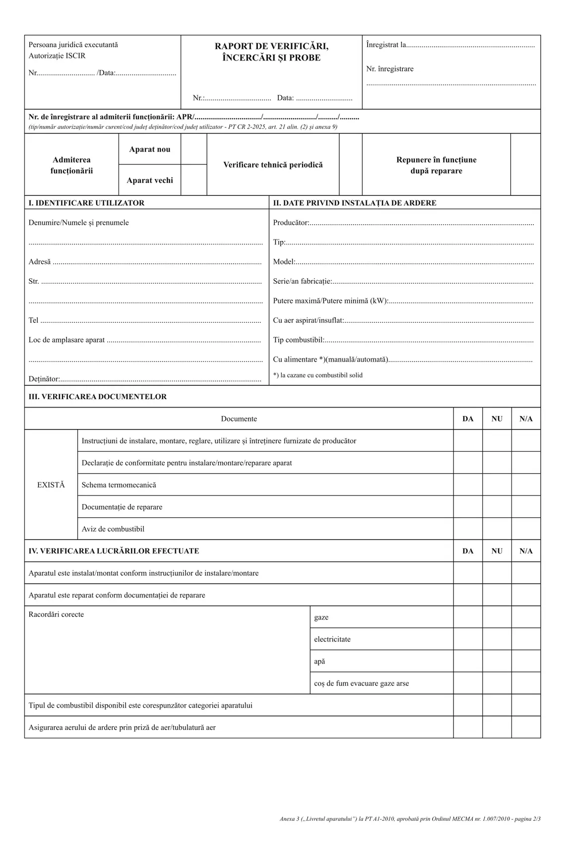 Raport de verificări, încercări și probe (ISCIR, PT A1-2010)
