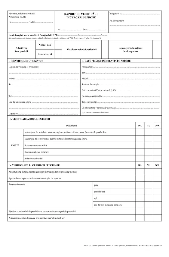 Raport de verificări, încercări și probe (ISCIR, PT A1-2010) - față