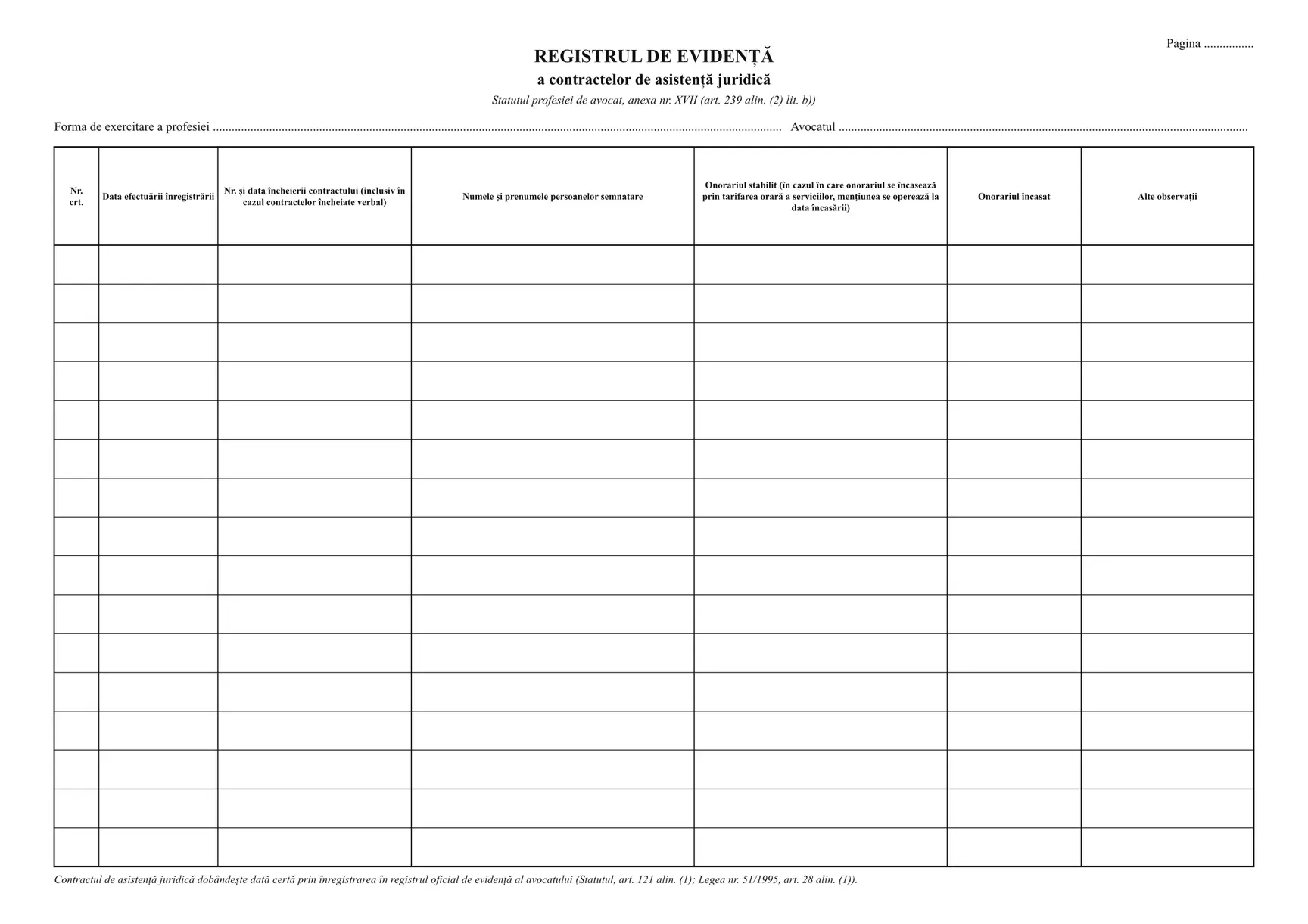 Registrele avocatului: registrul de evidență a contractelor de asistență juridică și celelalte registre din Statut (anexele XVII-XX)