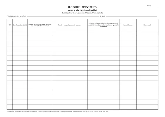 Registrele avocatului: registrul de evidență a contractelor de asistență juridică și celelalte registre din Statut (anexele XVII-XX) - față