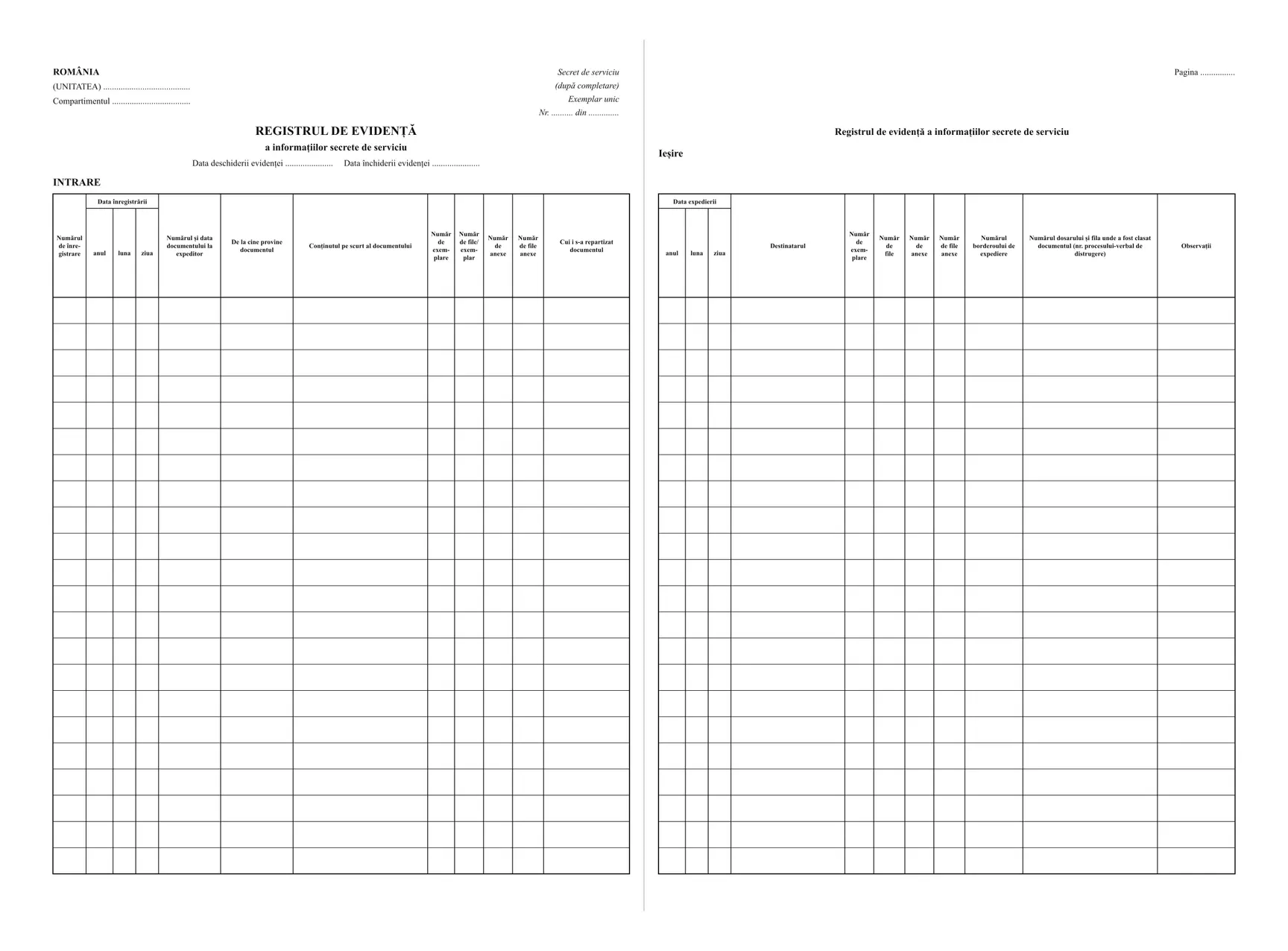 Registre pentru evidența informațiilor clasificate (HG 585/2002, HG 781/2002)