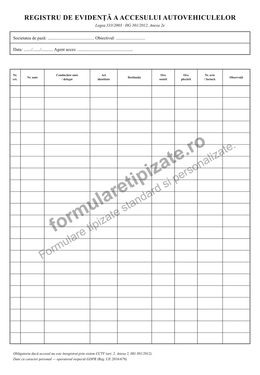 Registru de evidență a accesului autovehiculelor