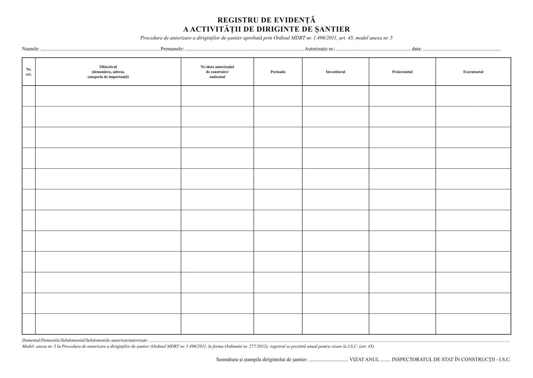 Registru de evidență a activității de diriginte de șantier