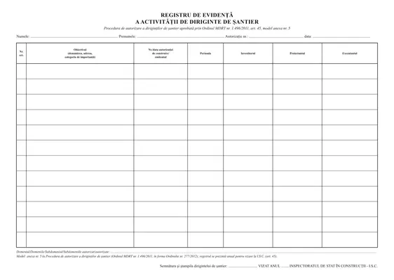 Registru de evidență a activității de diriginte de șantier
