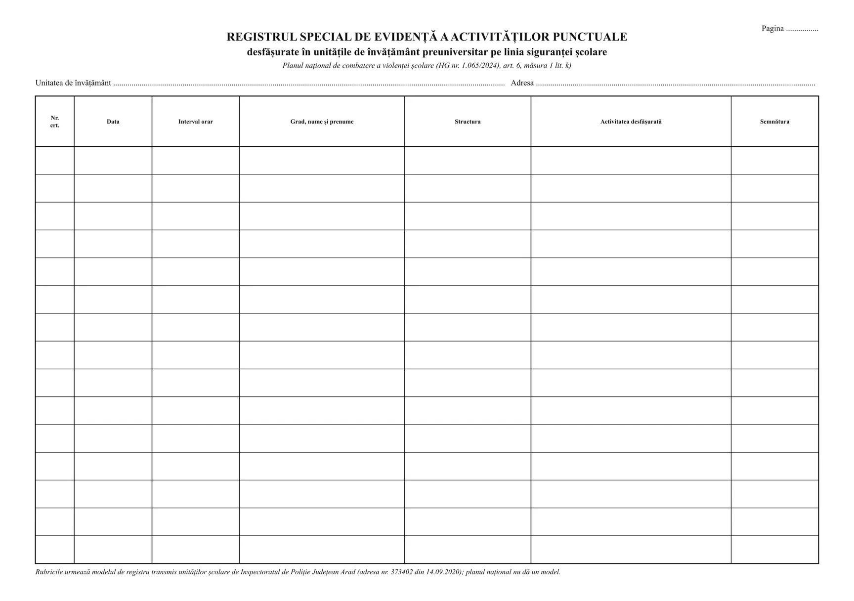 Registrul special de evidență a activităților punctuale pe linia siguranței școlare (registru de siguranță școlară)