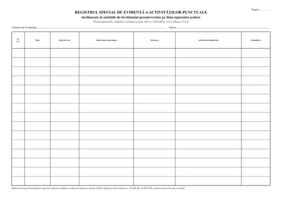 Registrul special de evidență a activităților punctuale pe linia siguranței școlare (registru de siguranță școlară)