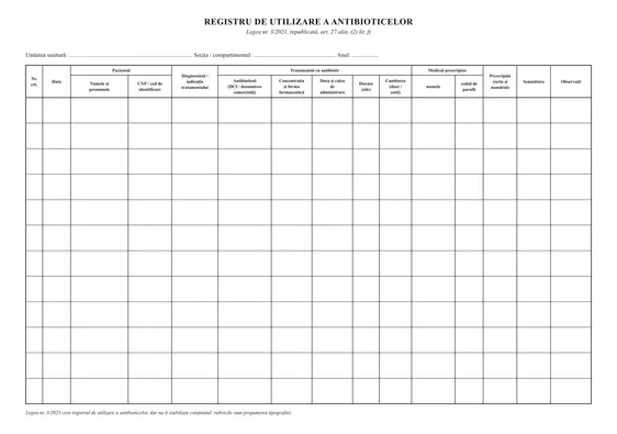 Registru de evidență a antibioticelor - față