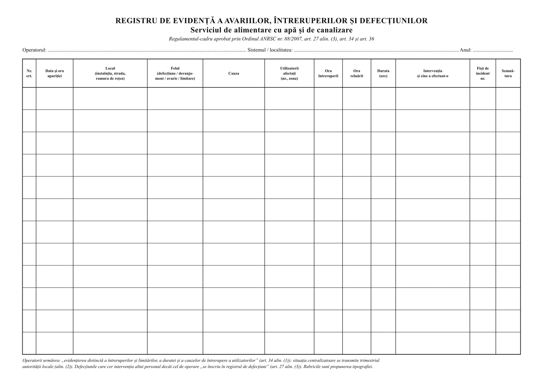 Registru de evidență a avariilor, întreruperilor și defecțiunilor (apă și canalizare)