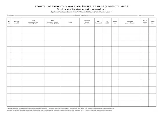 Registru de evidență a avariilor, întreruperilor și defecțiunilor (apă și canalizare)