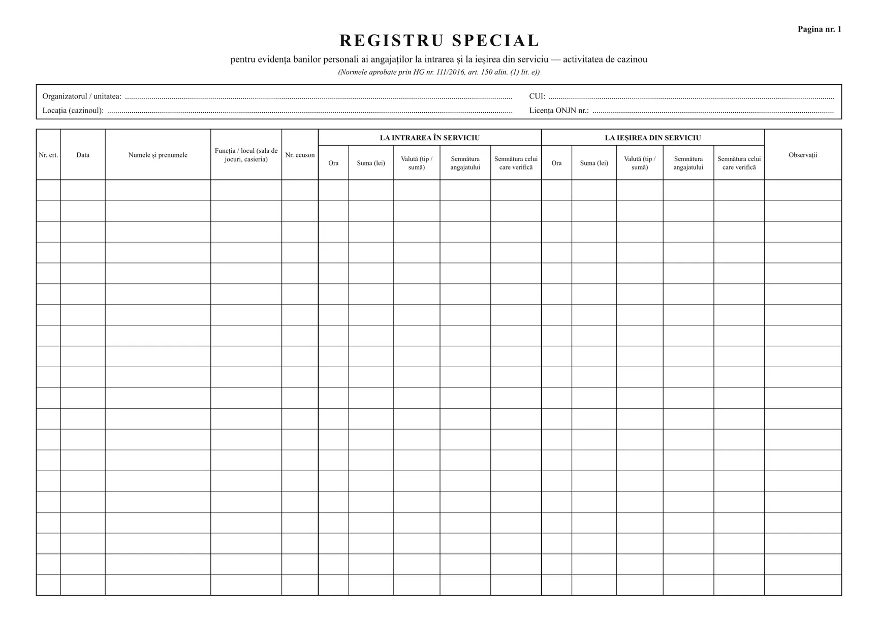 Registru de bani personali pentru cazinouri