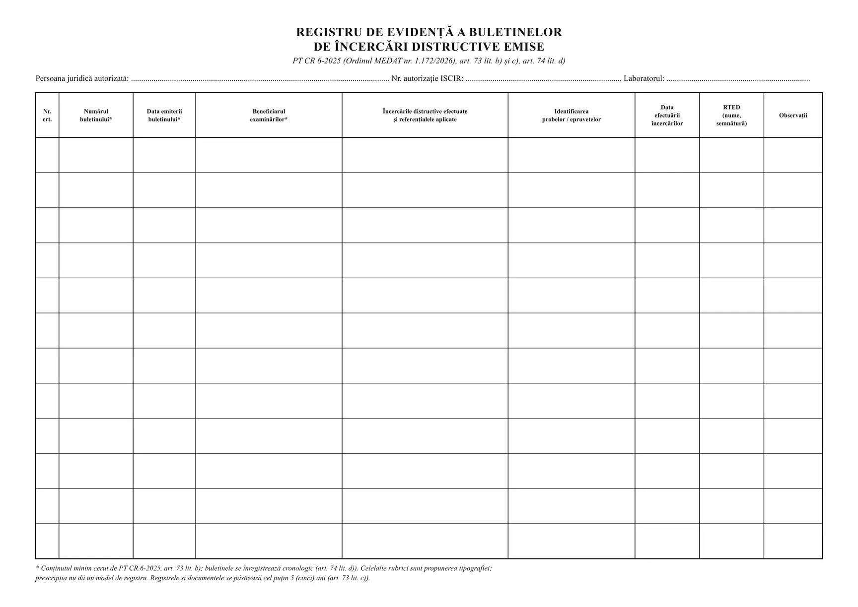 Registru de evidență a buletinelor de încercări distructive emise