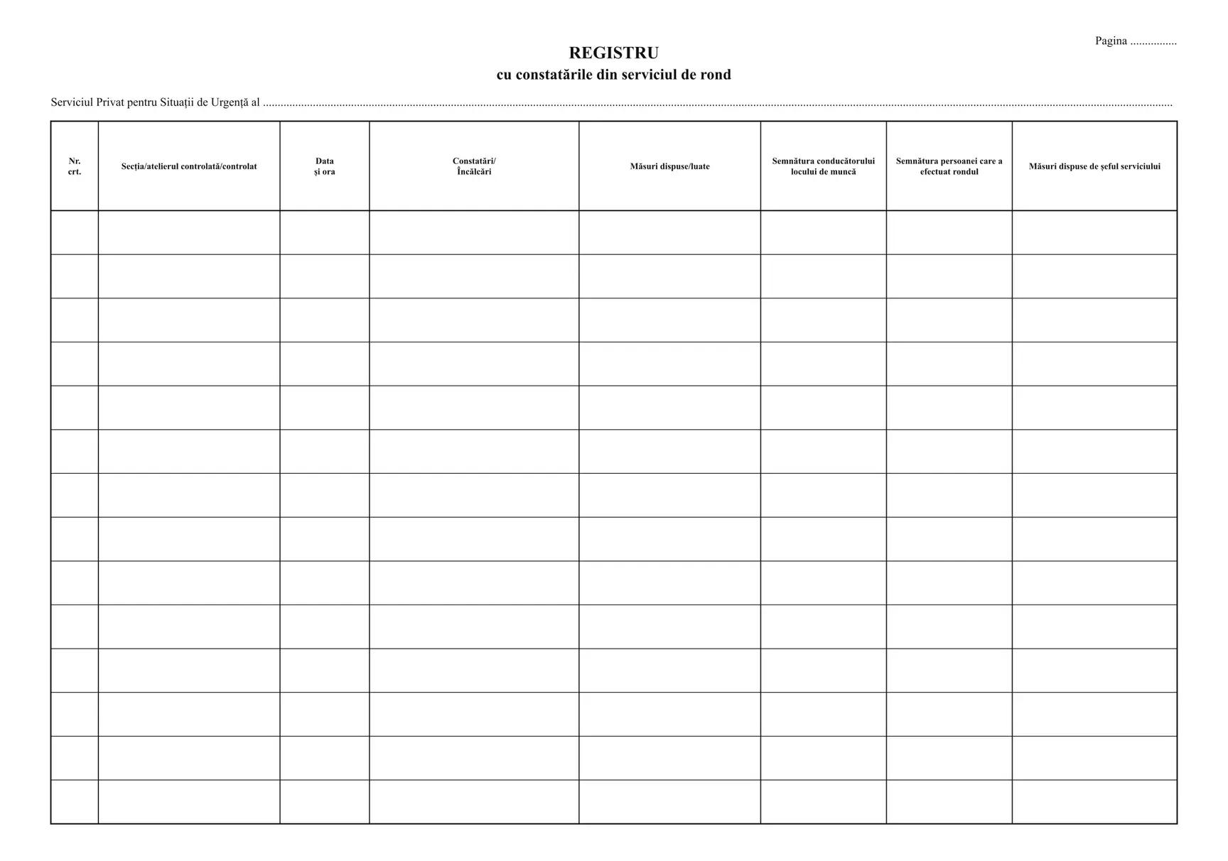 Registru cu constatările din serviciul de rond (serviciul privat pentru situații de urgență)