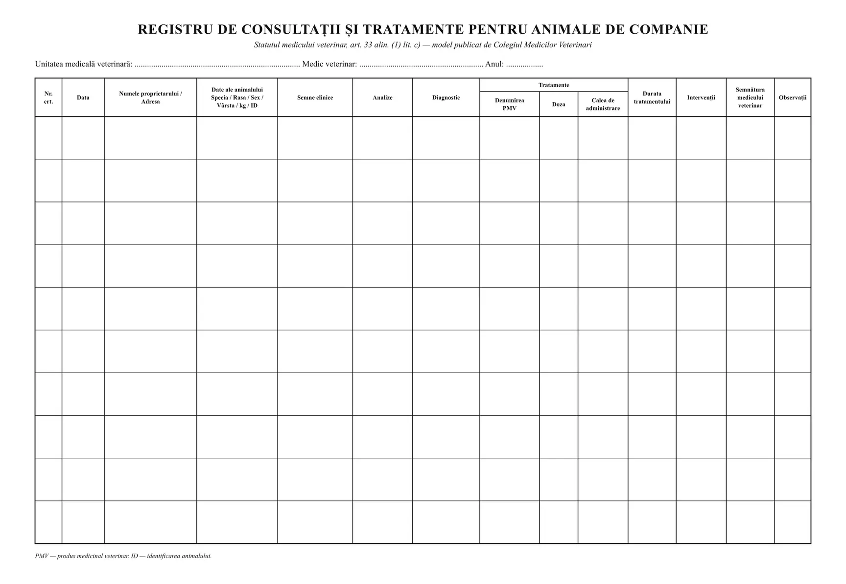 Registru de consultații și tratamente veterinare