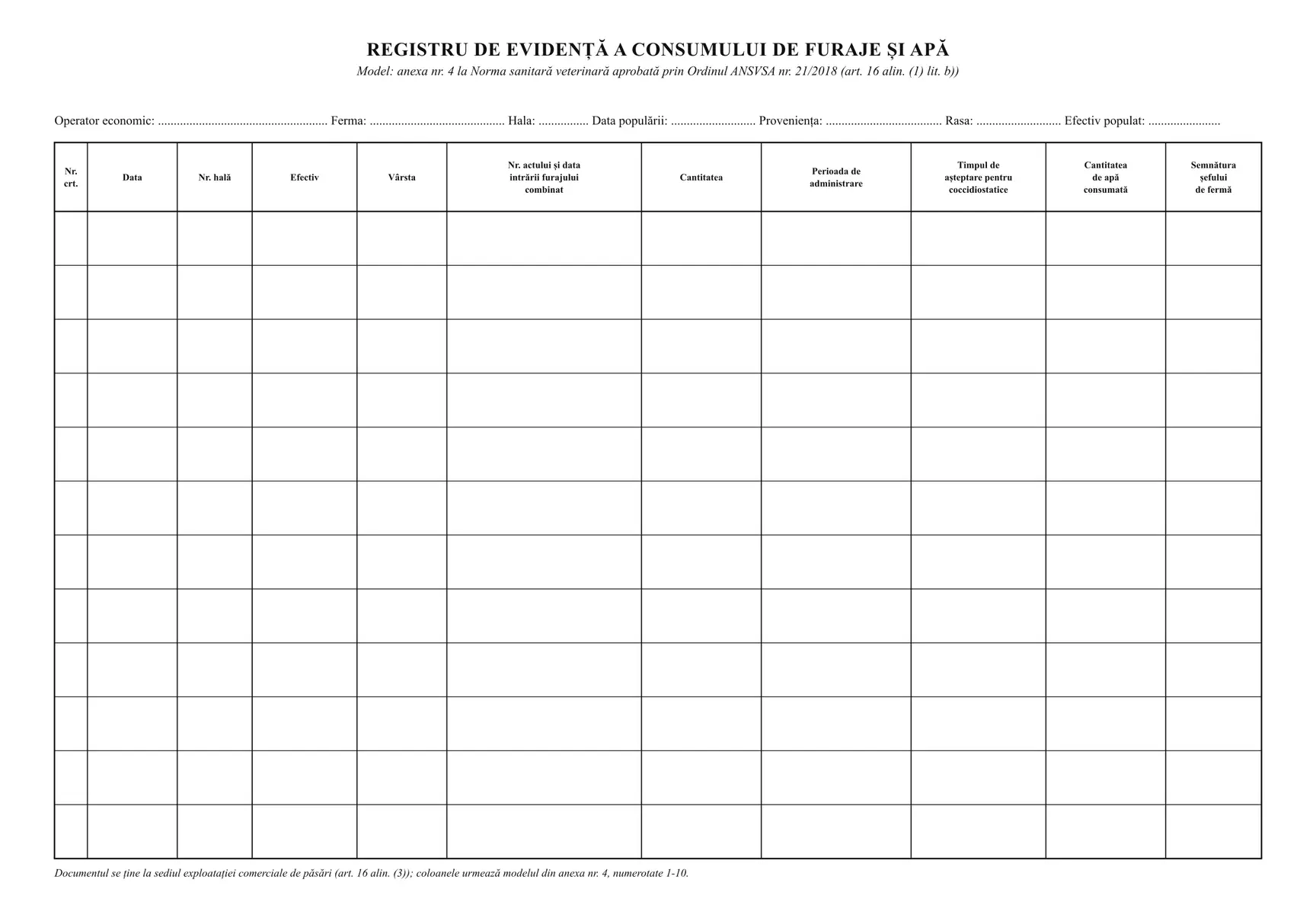 Registru de evidență a consumului de furaje și apă (ferme de păsări)