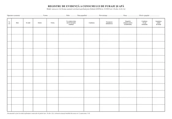 Registru de evidență a consumului de furaje și apă (ferme de păsări)