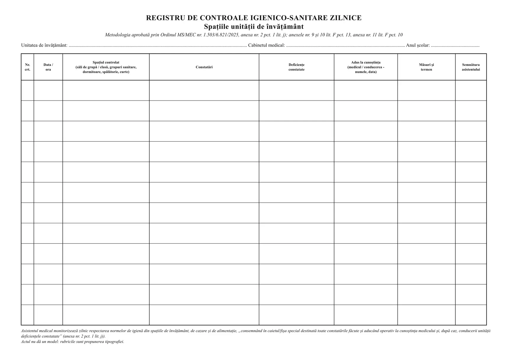 Registru de controale igienico-sanitare zilnice
