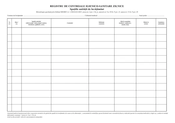 Registru de controale igienico-sanitare zilnice
