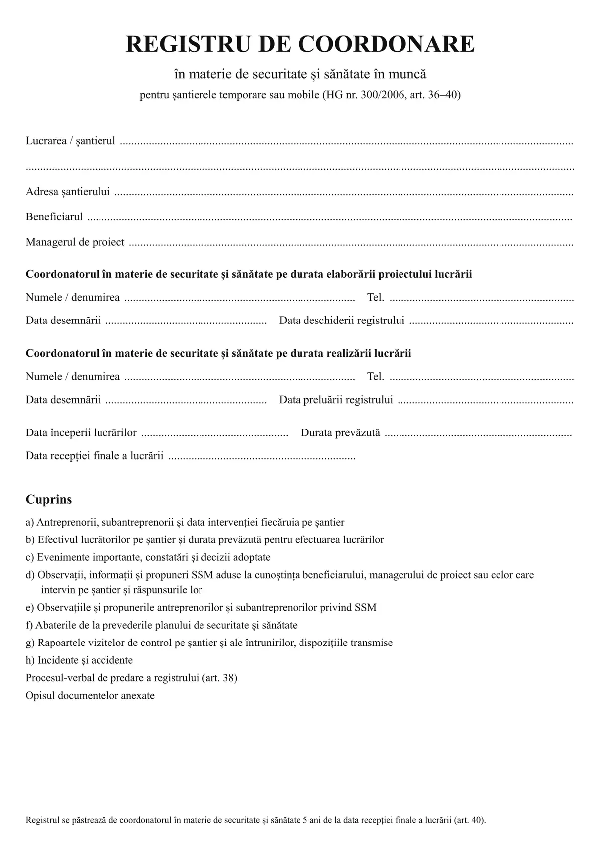 Registru de coordonare SSM (șantiere temporare sau mobile)