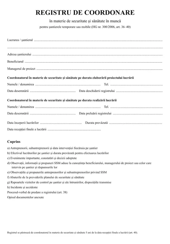 Registru de coordonare SSM (șantiere temporare sau mobile) - față