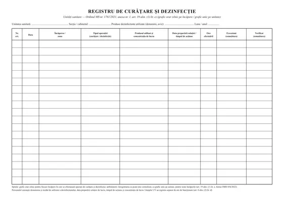 Registru de curățare și dezinfecție (unități sanitare)