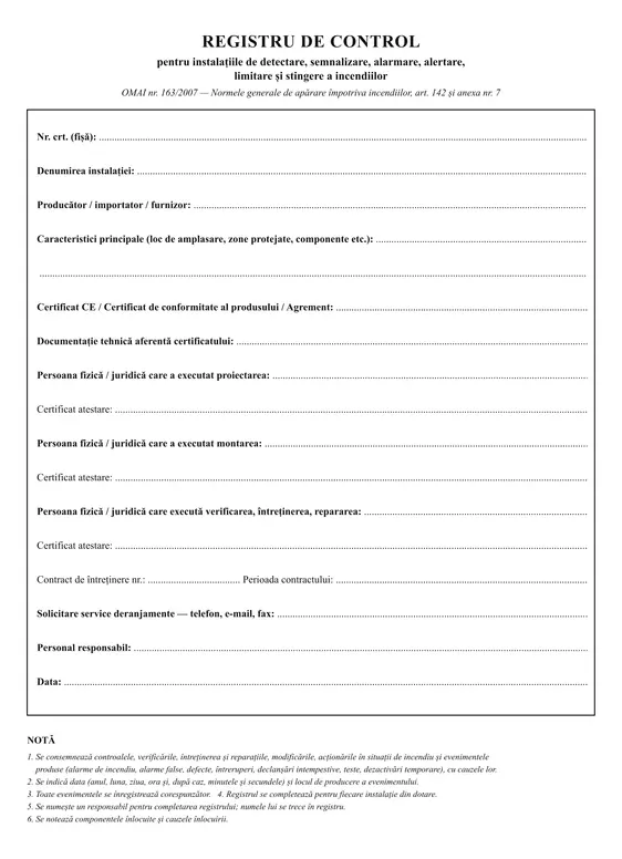 Registru de control pentru instalațiile de detectare, semnalizare, alarmare, alertare, limitare și stingere a incendiilor - imagine 2