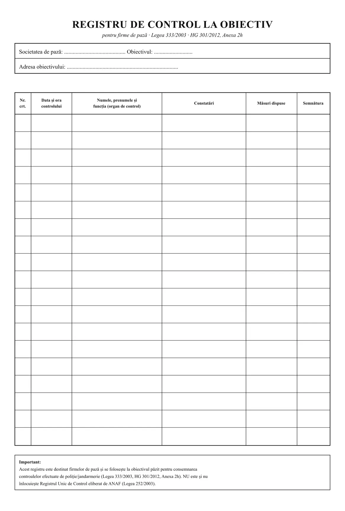 Registru de control la obiectiv (pază)