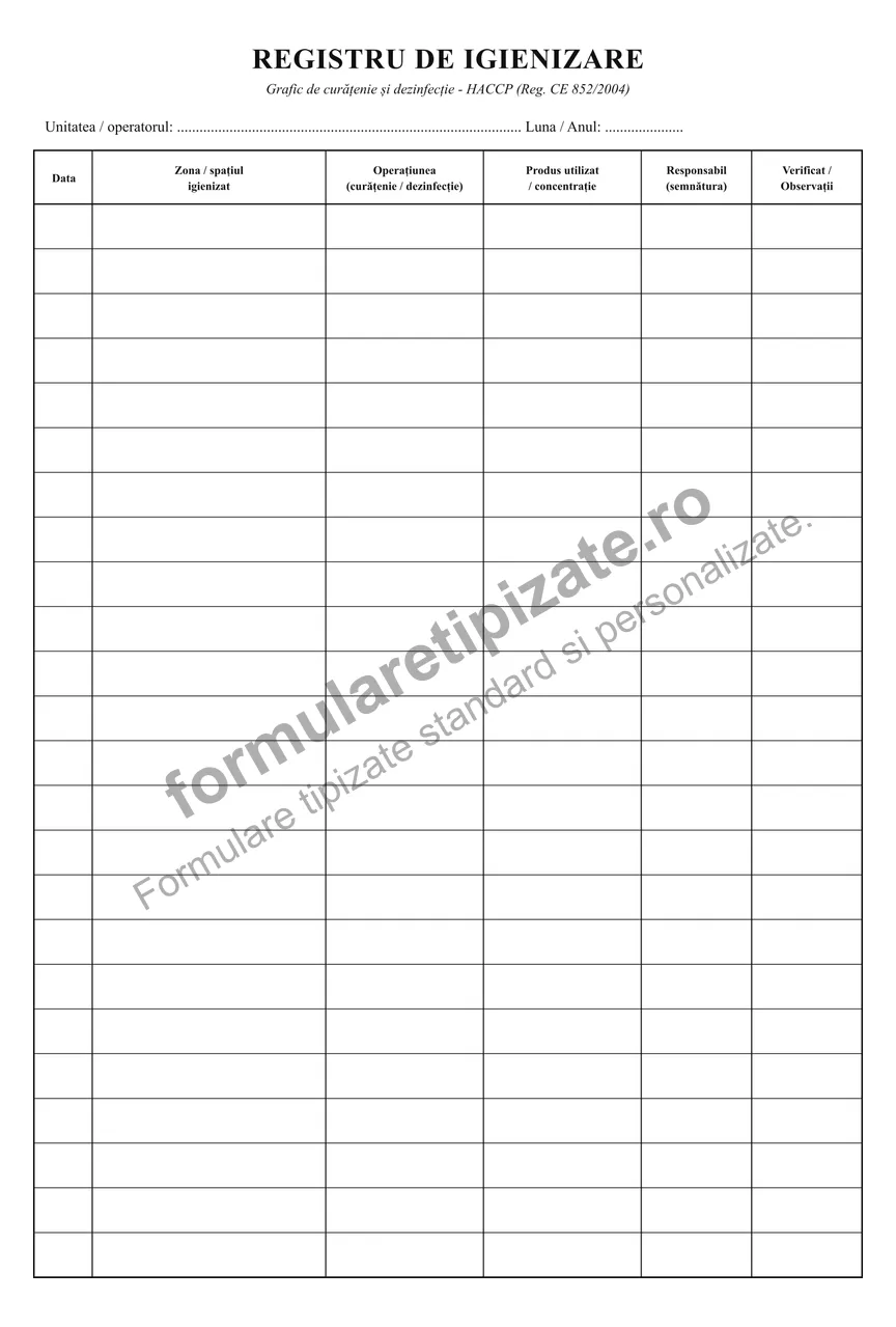 Registru de igienizare (HACCP)