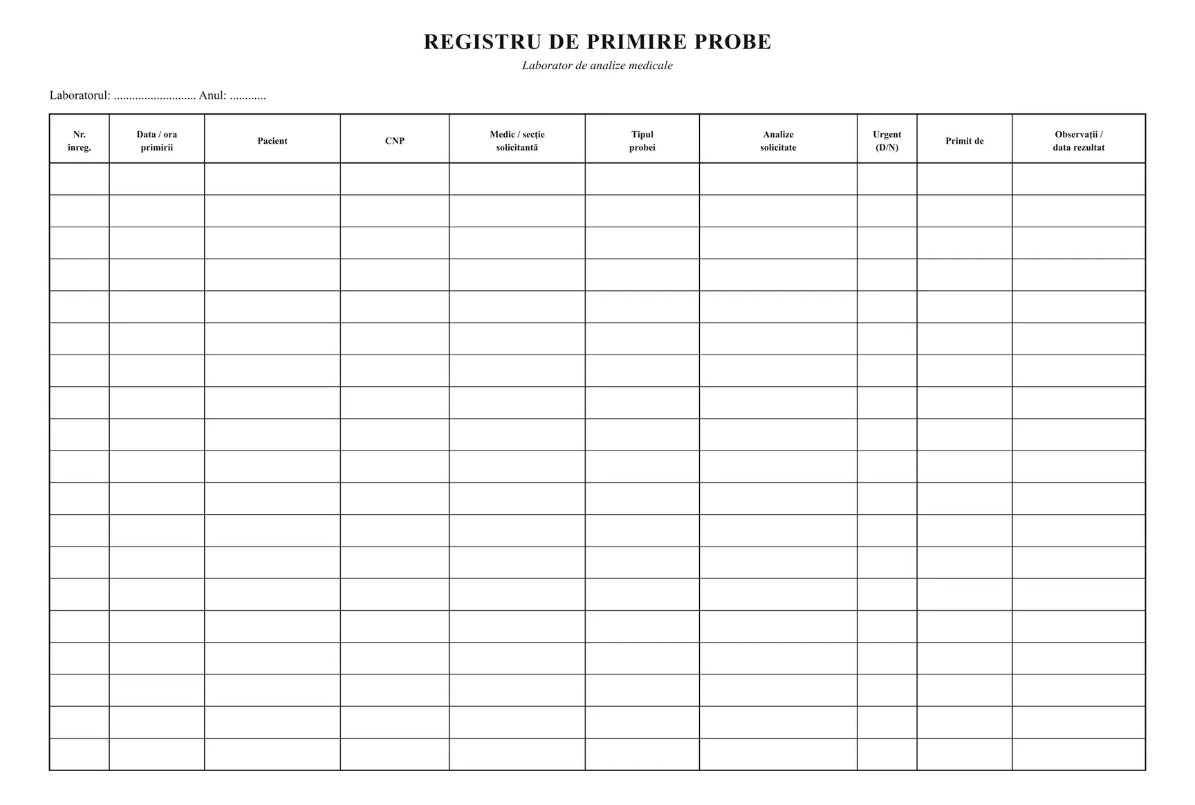 Registru de primire probe