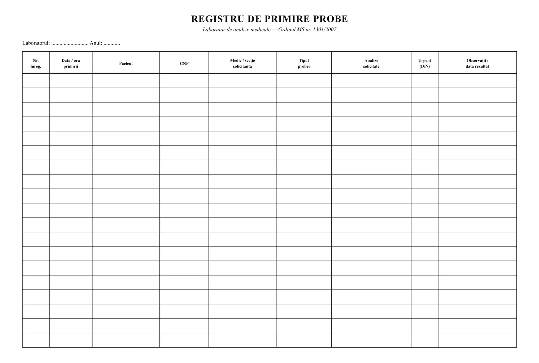 Registru de primire probe
