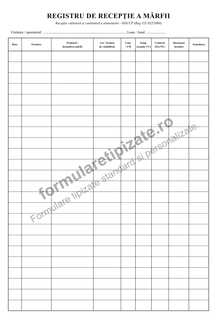 Registru de recepție a mărfii (HACCP)