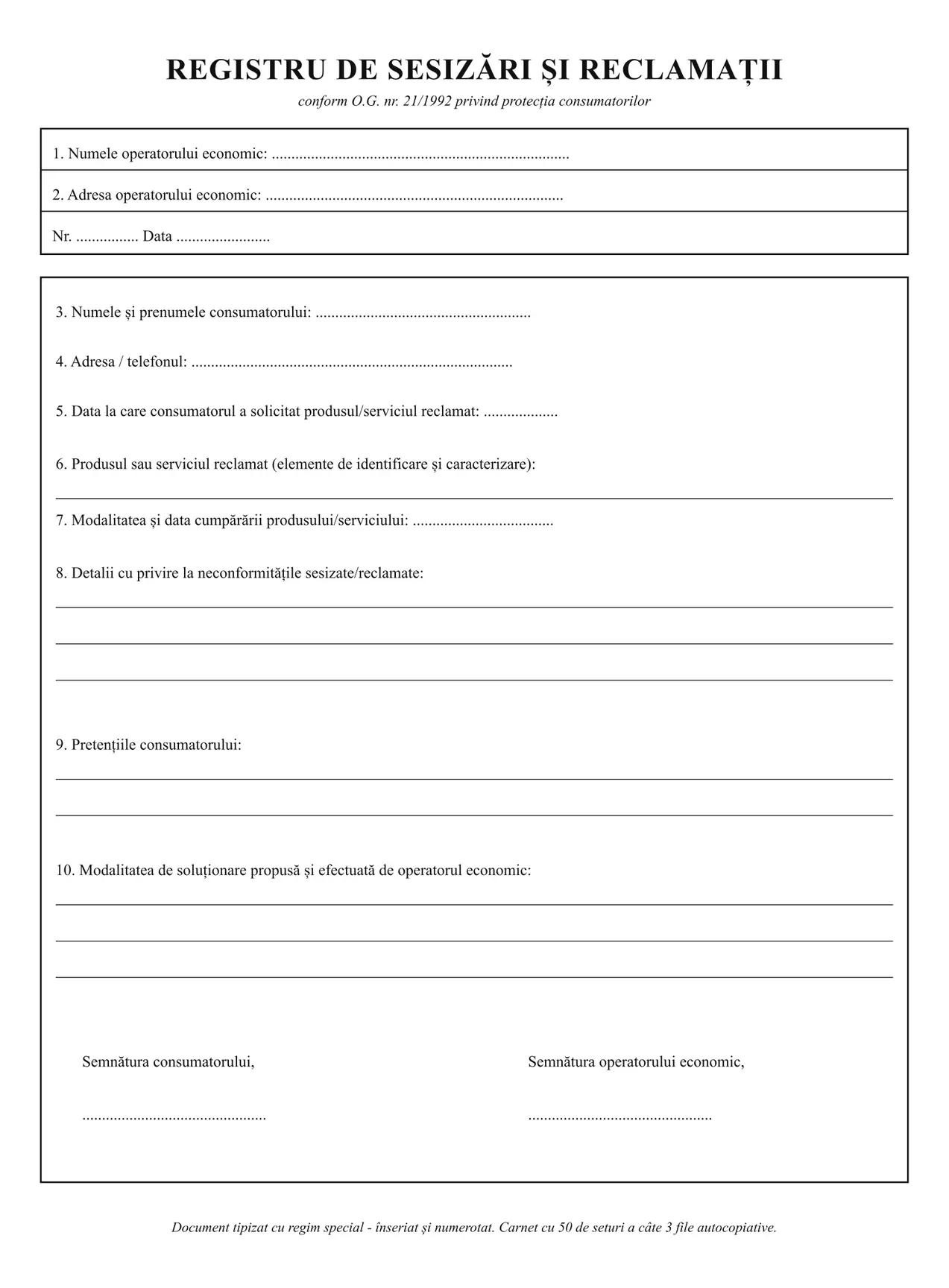 Registru de reclamații și sesizări