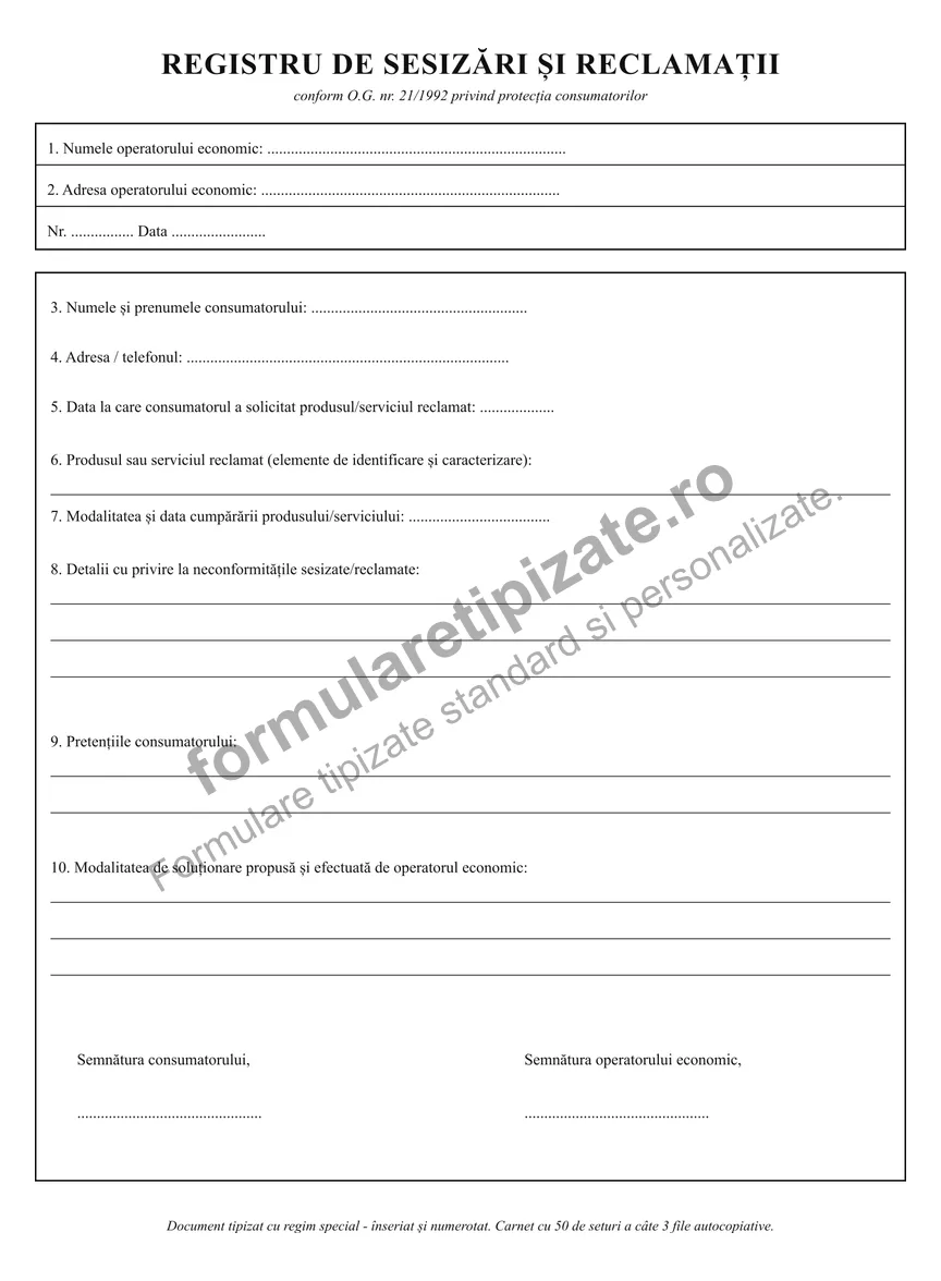 Registru de reclamații și sesizări