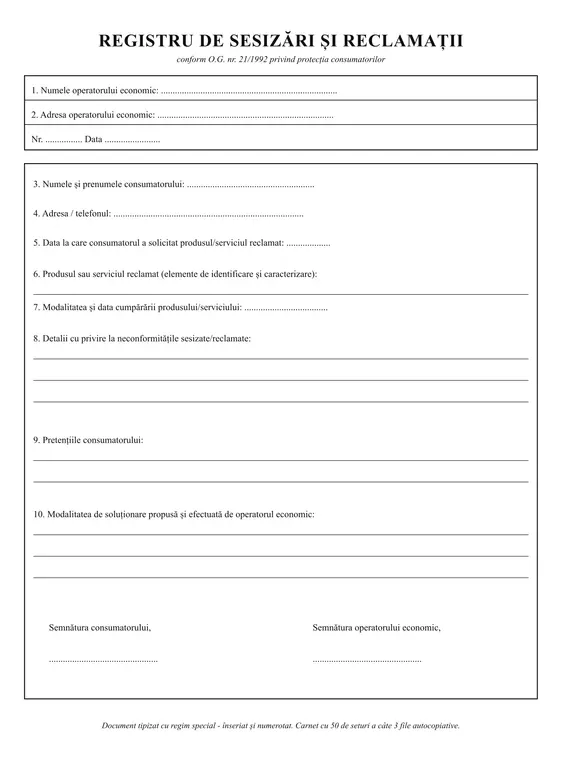 Registru de reclamații și sesizări