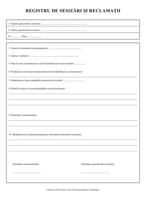 Registru de reclamații și sesizări