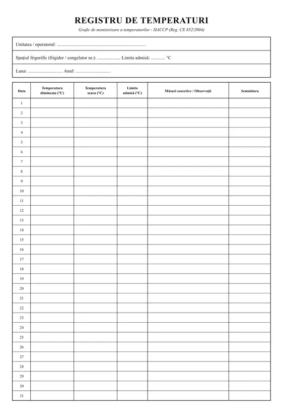Registru de temperaturi (HACCP)