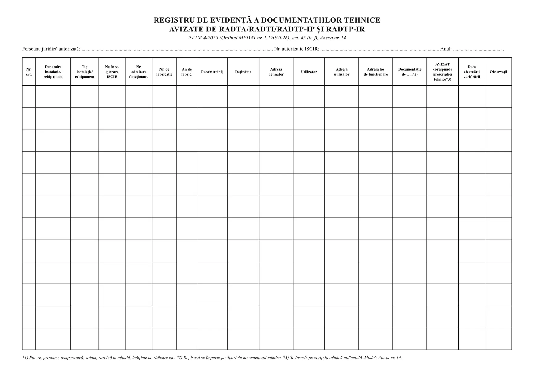 Registru de evidență a documentațiilor tehnice avizate de RADTA/RADTI/RADTP-IP și RADTP-IR