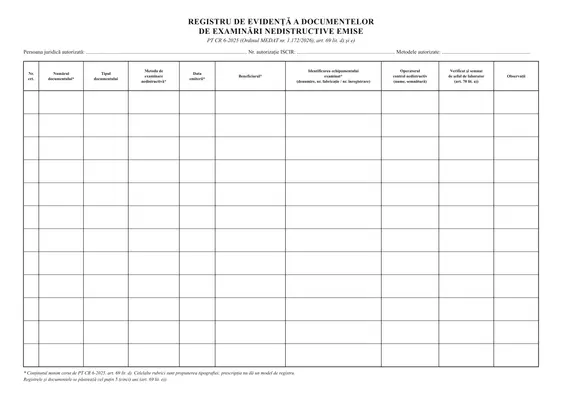 Registru de evidență a documentelor de examinări nedistructive emise - față