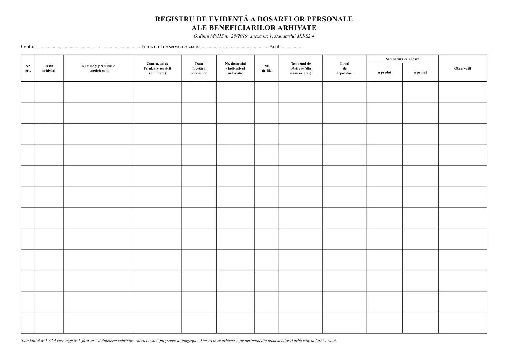 Registru de evidență a dosarelor personale arhivate