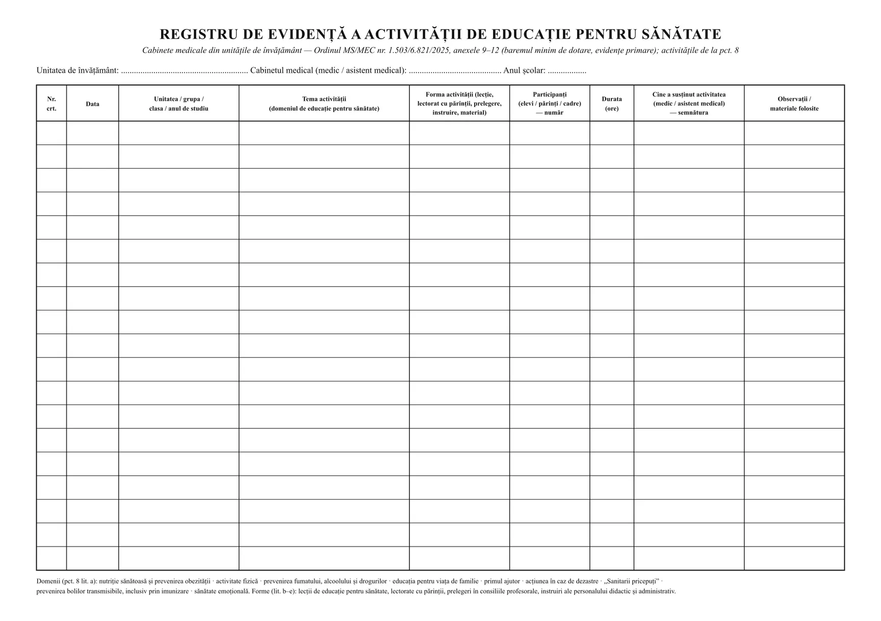 Registru de evidență a activității de educație pentru sănătate