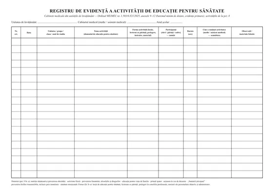 Registru de evidență a activității de educație pentru sănătate