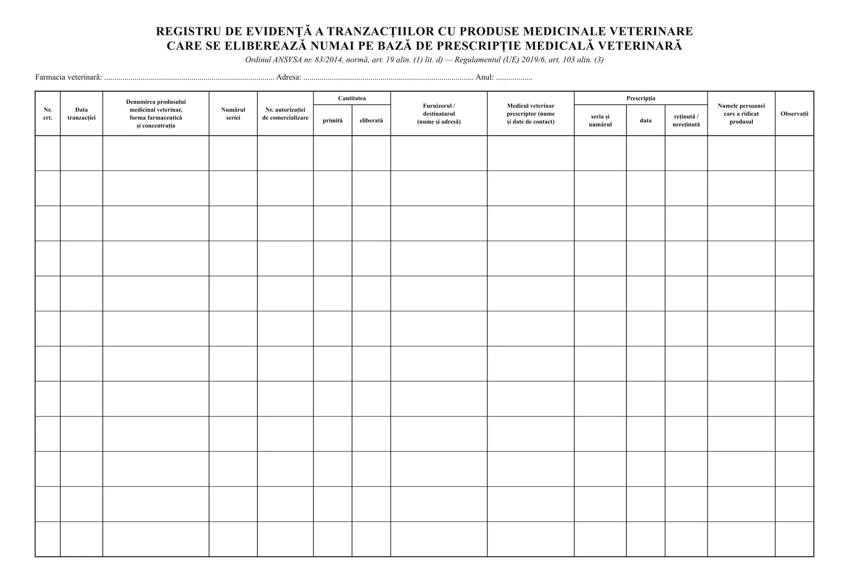 Registru de eliberări rețete (farmacie veterinară)