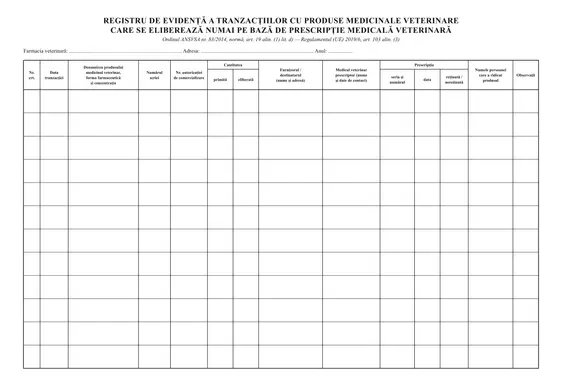 Registru de eliberări rețete (farmacie veterinară)