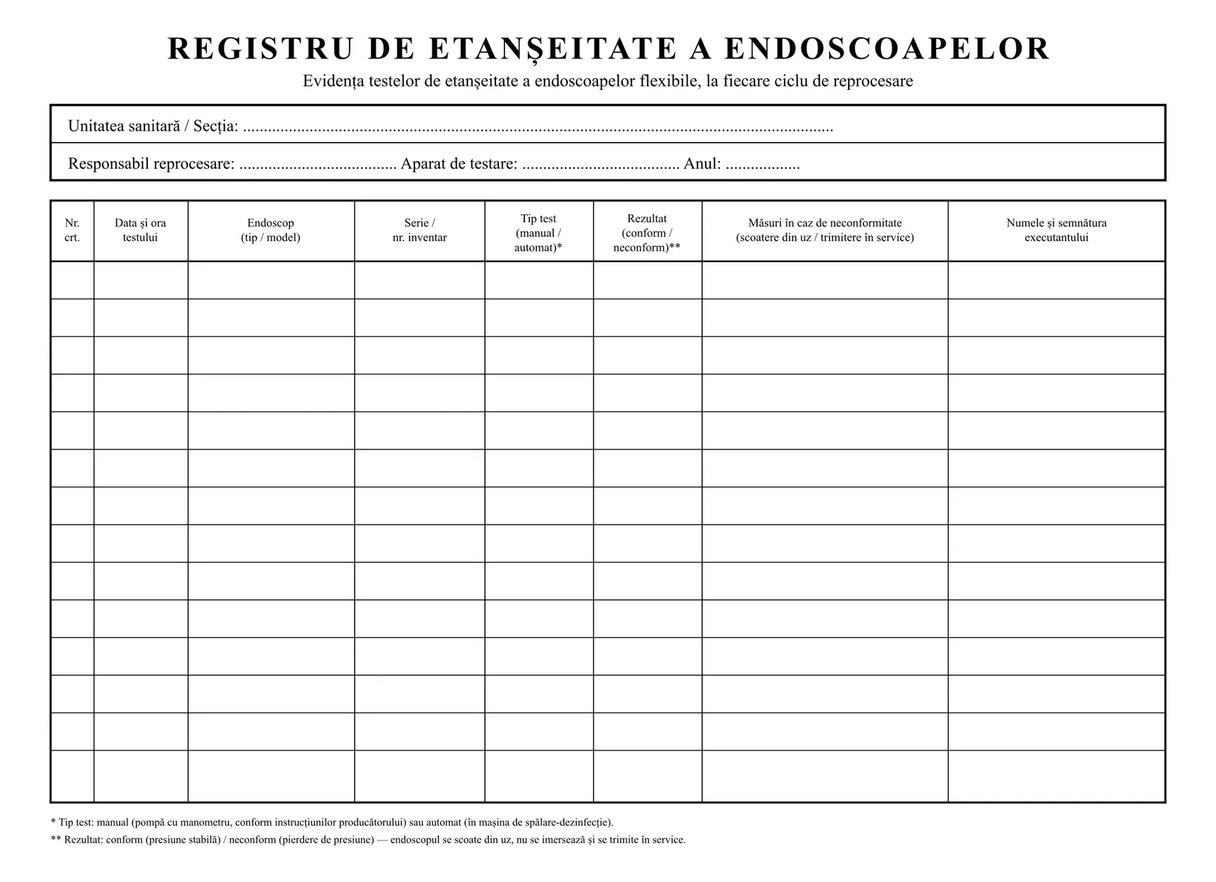 Registru de etanșeitate a endoscoapelor
